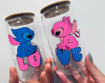 STITCH AND ANGEL Matching or single, valentine’s day, disney, couples gift,  libbey 16 oz glass cup,lid, glass straw + cleaner