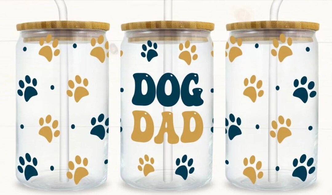 Dog Dad & Dogs Paw Print Libbey 16 Oz Glass Cup, Bamboo Lid, Glass