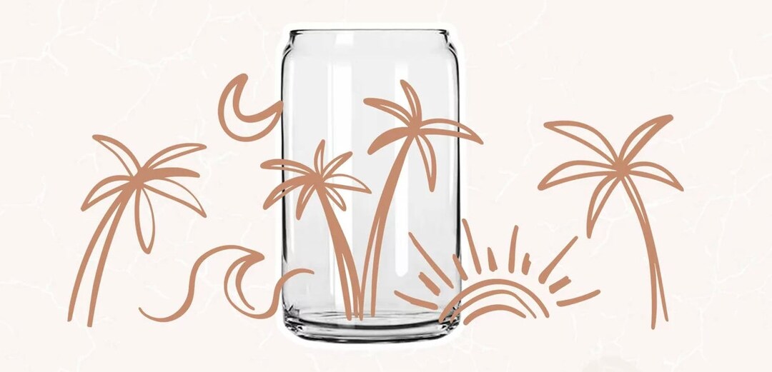 Beach Scene Libbey 16 Oz Glass Cup, Bamboo Lid, Glass Straw Cleaner