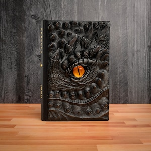 May include: A black leather-bound journal with a dragon's eye embossed on the cover. The eye is a bright orange color and the journal has the words "Rebecca Y. Iron" printed on the spine.