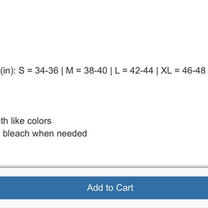May include: Image displays text detailing product content, sizing, and care instructions. The content is 100% cotton. Sizing ranges from S to 3XL, with chest circumference measurements in inches. Care instructions include machine washing cold, non-chlorine bleach, tumble dry medium, and cool iron.