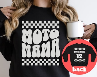 Personalized Custom Name Checkered Retro Moto Mama Sweatshirt, Bike Race Day Fan Lover Gift, Mothers Day Gift, Motocross Supercross Drag Mom