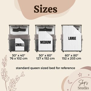 May include: Image showing three bed sizes: Small (30" x 40", 76 x 102 cm), Medium (50" x 60", 127 x 152 cm), and Large (60" x 80", 152 x 203 cm). Each size is displayed on a bed for reference. The word "Sizes" is at the top.