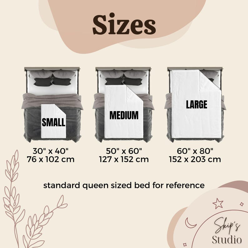 May include: Image showing three bed sizes: Small (30" x 40", 76 x 102 cm), Medium (50" x 60", 127 x 152 cm), and Large (60" x 80", 152 x 203 cm). Each size is displayed on a bed for reference. The word "Sizes" is at the top.