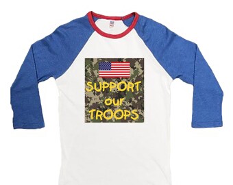 Support Our Troops * Patriotic Americana Raglan Baseball Shirt * Infant, Toddler and Youth Sizes * Made in the USA * Baby Patriot