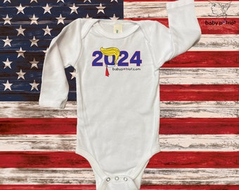 Body de bebé Trump 2024, manga larga, algodón orgánico, hecho en EE. UU.