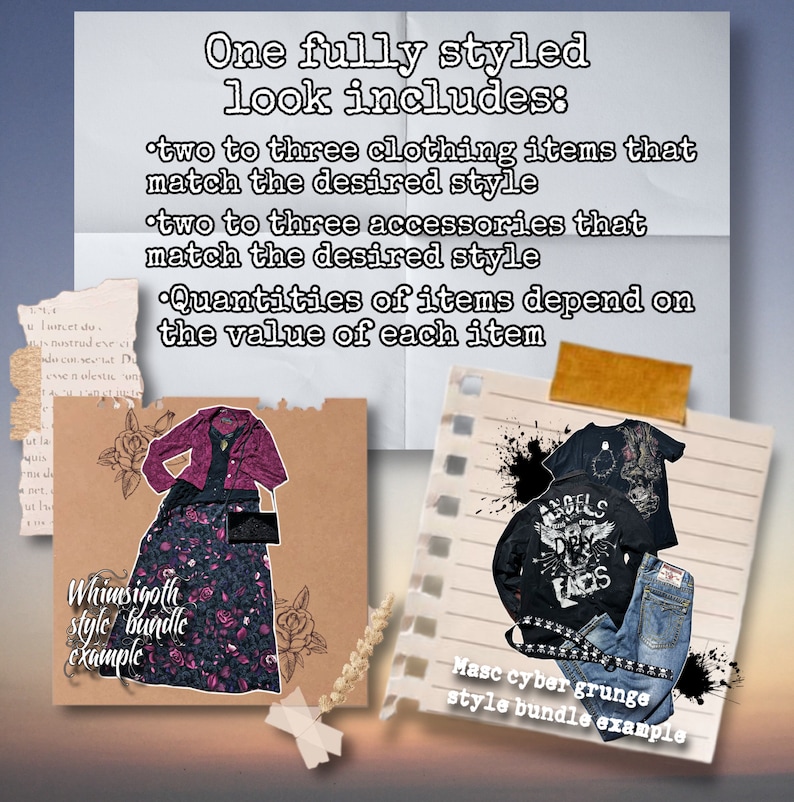 Pu&ograve; includere: Due esempi di bundle di abbigliamento, uno in stile gotico stravagante e l'altro in stile cyber grunge maschile. Ogni bundle include da due a tre capi di abbigliamento e da due a tre accessori.