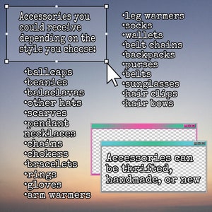 Pu&ograve; includere: Un elenco di accessori che potresti ricevere a seconda dello stile che scegli. L'elenco include articoli come cappellini, berretti, passamontagna, sciarpe, collane, choker, braccialetti, anelli, guanti e scaldamani. Il testo indica anche che gli accessori possono essere di seconda mano, fatti a mano o nuovi.