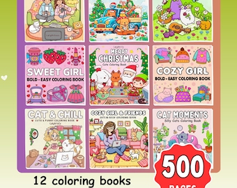 Paquete de colorear fácil y atrevido de LalyArts / 500 páginas / 12 archivos PDF / Páginas para colorear adorables y acogedoras / Descarga digital