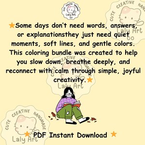 Pu&ograve; includere: Grafica per download digitale con il testo "Some days don't need words..." e "PDF Instant Download". L'immagine presenta un'illustrazione a cartoni animati di una persona che legge un libro, circondata da elementi decorativi.