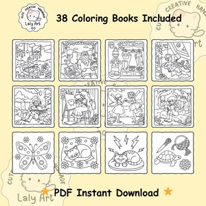 Pu&ograve; includere: Un'immagine di 38 libri da colorare, ognuno con un'illustrazione in bianco e nero. Le immagini raffigurano varie scene e oggetti. Il testo recita "38 Coloring Books Included" e "PDF Instant Download".