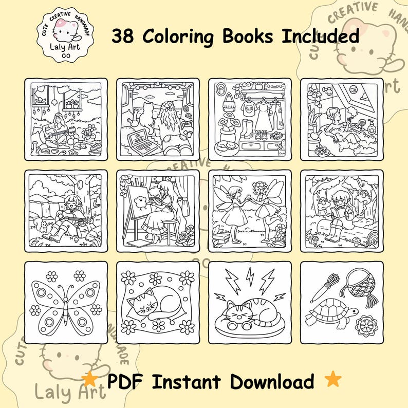 Pu&ograve; includere: Un'immagine di 38 libri da colorare, ognuno con un'illustrazione in bianco e nero. Le immagini raffigurano varie scene e oggetti. Il testo recita "38 Coloring Books Included" e "PDF Instant Download".