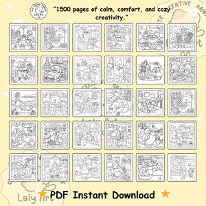 Pu&ograve; includere: Una raccolta di 30 pagine da colorare in bianco e nero con simpatiche illustrazioni di animali e scene accoglienti. Il testo recita "1500 pagine di calma, comfort e creativit&agrave; accogliente". Sono visibili anche le parole "PDF Instant Download".
