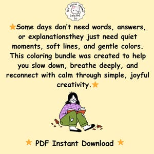 Puede incluir: Ilustraci&oacute;n de una persona leyendo un libro, con texto que dice: "Algunos d&iacute;as no necesitan palabras... Este paquete para colorear fue creado para ayudarte a relajarte... PDF Descarga instant&aacute;nea."