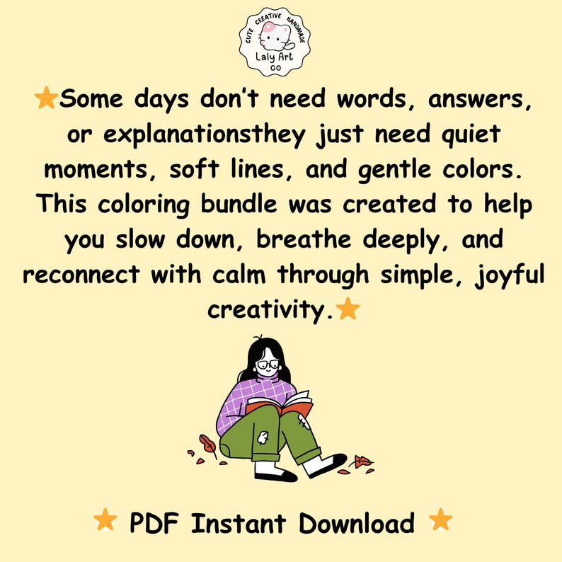 Puede incluir: Ilustraci&oacute;n de una persona leyendo un libro, con texto que dice: "Algunos d&iacute;as no necesitan palabras... Este paquete para colorear fue creado para ayudarte a relajarte... PDF Descarga instant&aacute;nea."