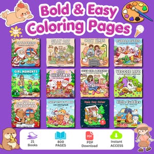 Op de afbeelding: Een collectie van 21 digitale kleurboeken getiteld Bold & Easy Coloring Pages, met in totaal 800 pagina's. De covers tonen diverse cartoonillustraties, waaronder kersttaferelen, dieren en gezellige interieurs voor directe PDF-download.