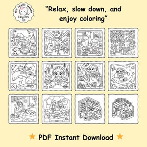 Puede incluir: Una descarga digital con una colecci&oacute;n de p&aacute;ginas para colorear en blanco y negro. Las p&aacute;ginas representan varias escenas, incluyendo sirenas, Halloween y ambientes interiores acogedores. El texto en la imagen dice "Relax, slow down, and enjoy coloring" y "PDF Instant Download."