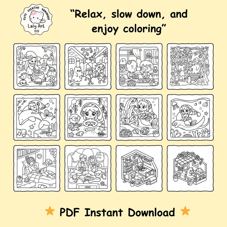 Puede incluir: Una descarga digital con una colecci&oacute;n de p&aacute;ginas para colorear en blanco y negro. Las p&aacute;ginas representan varias escenas, incluyendo sirenas, Halloween y ambientes interiores acogedores. El texto en la imagen dice "Relax, slow down, and enjoy coloring" y "PDF Instant Download."