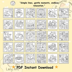 Pu&ograve; includere: Una collezione di illustrazioni in bianco e nero, ciascuna all'interno di una cornice quadrata, raffiguranti scene di relax. La parte superiore dell'immagine include il testo: "Simple lines, gentle moments, endless relaxation." Il testo in basso dice "PDF Instant Download."