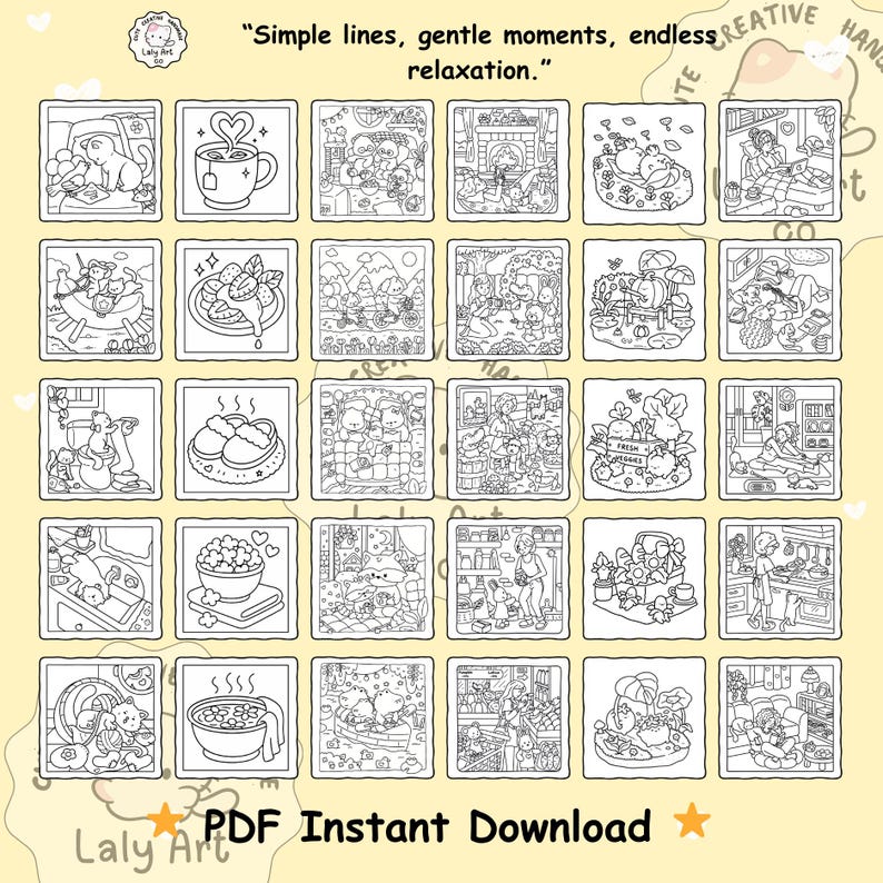 Pu&ograve; includere: Una collezione di illustrazioni in bianco e nero, ciascuna all'interno di una cornice quadrata, raffiguranti scene di relax. La parte superiore dell'immagine include il testo: "Simple lines, gentle moments, endless relaxation." Il testo in basso dice "PDF Instant Download."