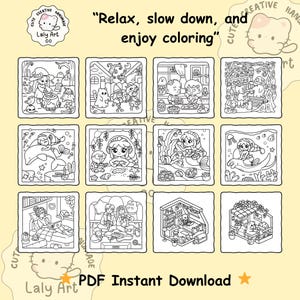 Pu&ograve; includere: Un libro da colorare PDF scaricabile all'istante con dodici illustrazioni in bianco e nero. Le immagini raffigurano varie scene, tra cui sirene, cucinare e rilassarsi. Il testo sull'immagine recita "Relax, slow down, and enjoy coloring."