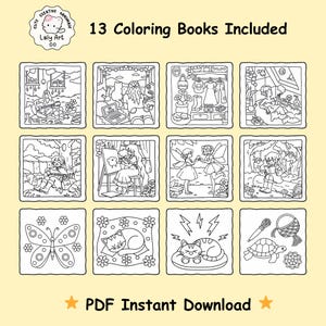 Puede incluir: Una imagen que muestra 13 libros para colorear, cada uno con una ilustraci&oacute;n en blanco y negro. Los dise&ntilde;os incluyen hadas, gatos y otras escenas imaginativas. El texto dice "13 Libros para Colorear Incluidos" y "Descarga Instant&aacute;nea PDF".