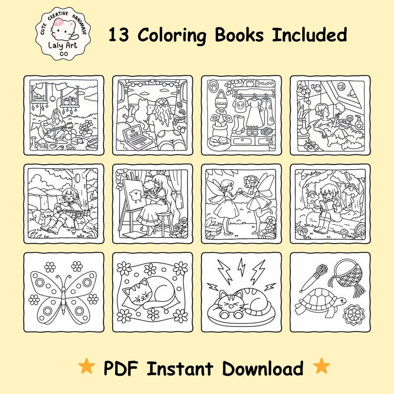 Puede incluir: Una imagen que muestra 13 libros para colorear, cada uno con una ilustraci&oacute;n en blanco y negro. Los dise&ntilde;os incluyen hadas, gatos y otras escenas imaginativas. El texto dice "13 Libros para Colorear Incluidos" y "Descarga Instant&aacute;nea PDF".