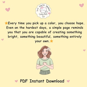 Puede incluir: Gr&aacute;fico de descarga digital con un fondo amarillo claro, con una mujer de dibujos animados sonriente y texto. El texto dice: "Cada vez que eliges un color, eliges esperanza". La imagen incluye corazones y un logo que dice "Laly Art co."