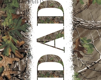 May include: A white background with the word "DAD" in large, black letters. The letters are filled with a camouflage pattern of brown, green, and tan.