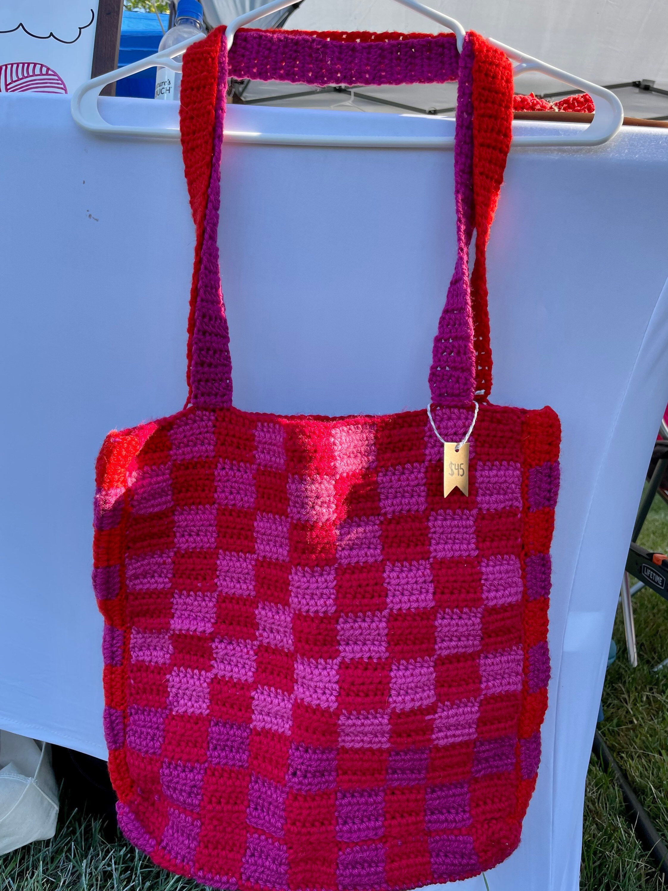 Handmade Trending Checkered Crochet Tote Bag. New
