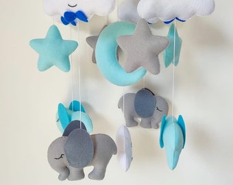 Crib mobile for a baby boy / blue elephant theme, nursery mobile for a boy, crib mobile for a boy, stars and clouds mobile,