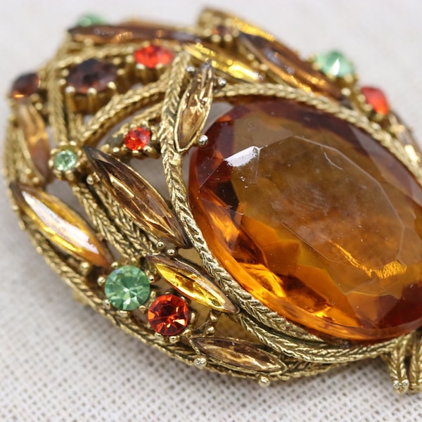 Vintage Signed ART Ladybug Beetle Large Amber Rhinestone Brooch Pin