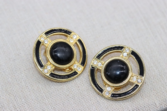 Vintage Signed Kenneth Jay Lane KJL Clip On Earrings Circular Black Enamel Black Cabochons