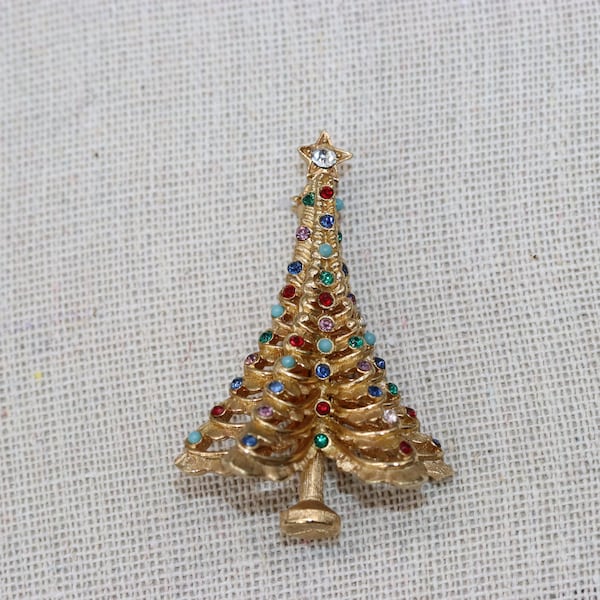 Vintage Signed Boucher 3D Christmas Tree Brooch Pin Multicolored Rhinestones