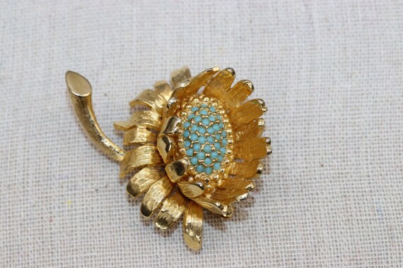 Vintage Signed Pauline Rader Flower Sunflower Brooch Turquoise