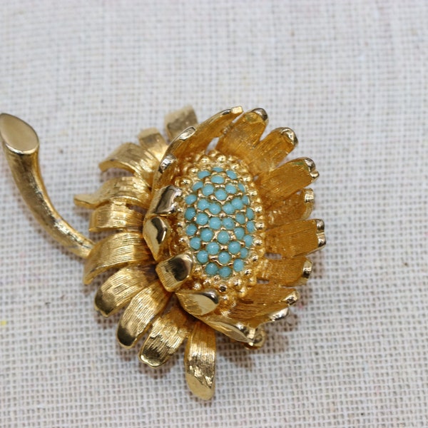 Vintage Signed Pauline Rader Flower Sunflower Brooch Turquoise Colored Beads