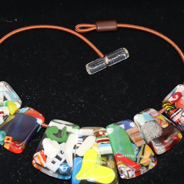 Vintage Sobral Resin Necklace Multicolored Resin Pieces 17" Long