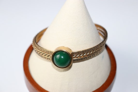 Vintage Signed Monet 3 Band Bangle Bracelet Green… - image 1