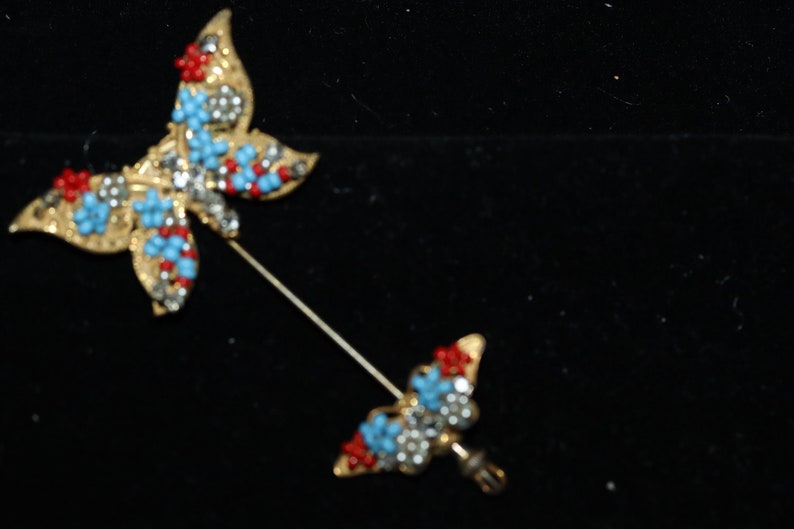 Vintage Signed Miriam Haskell Butterfly Stick shops Hat Pin Red Blue Beads Rhinestones