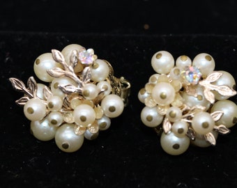 Vintage Signed Japan Clip On Earrings Set Faux Pearl and Clear Rhinestones