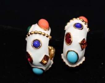 Vintage Signed Kenneth Jay Lane KJL Clip On Earrings Set White Enamel With Cabochons and Rhinestones