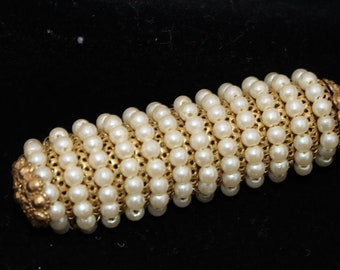 Vintage Signed Miriam Haskell 2" Cylinder Shaped Brooch Pin Faux Pearl Covered