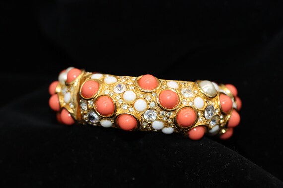 Vintage Coral and White Colored Cabochons and Rhi… - image 1