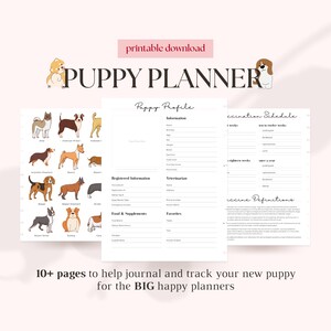 Pode incluir: Planificador de cachorrinho imprimível com uma ilustração colorida de um cachorrinho na capa. O planificador inclui seções para o perfil do cachorrinho, cronograma de vacinação, informações do veterinário, comida e suplementos, e favoritos.