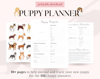 May include: Printable puppy planner with a colorful illustration of a puppy on the cover. The planner includes sections for puppy profile, vaccination schedule, veterinarian information, food and supplements, and favorites.