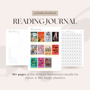 Op de afbeelding: Printbare leesdagboek met een boekenkast en een leesuitdaging sectie. Het dagboek bevat boekomslagen en een beoordelingssysteem. De tekst "50+ pagina's van de ultieme bookworm-bundel voor klassieke & BIG happy planners" staat onderaan.