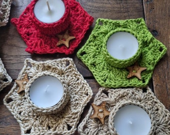 Christmas tealight holder cotton star wood gift crochet hand