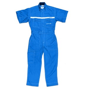 May include: A blue short-sleeved jumpsuit with white stitching and a white stripe across the chest. The jumpsuit has multiple pockets, a belt, and text on the chest. The garment is made of a durable material.