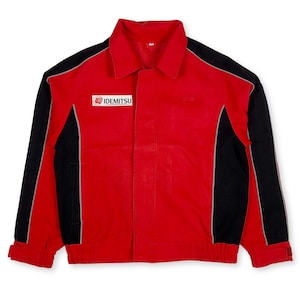 May include: Red work jacket with black and gray accents. The jacket has a zipper closure and a collar. The logo "IDEMITSU" is printed on the front of the jacket.