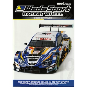 Puede incluir: Una portada de catálogo con un coche de carreras azul, blanco y amarillo con el texto "WedsSport RACING WHEEL 2023 CATALOG." El coche tiene el número 19 y el texto "BOSCH." La parte inferior de la portada dice "THE MOST SPECIAL NAME IN MOTOR SPORT."